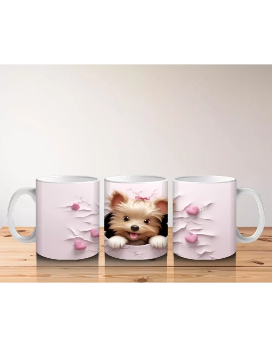 Pembe Çiçeklerle Süslenmiş Sevimli Köpek – Baskılı Kahve Kupası