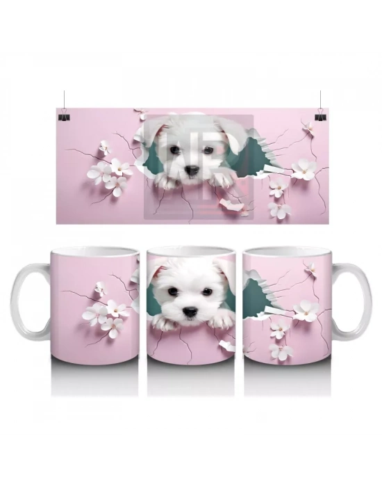 Pembe Çiçeklerle Süslenmiş Yavru Köpek – Baskılı Kahve Kupası