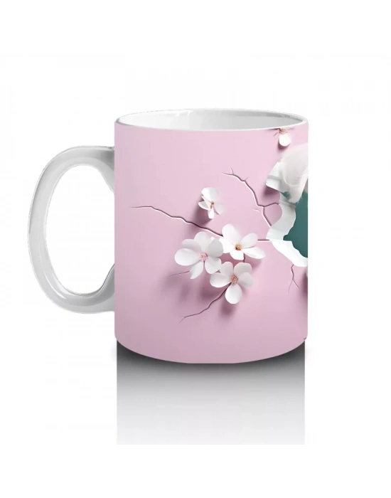 Pembe Çiçeklerle Süslenmiş Yavru Köpek – Baskılı Kahve Kupası