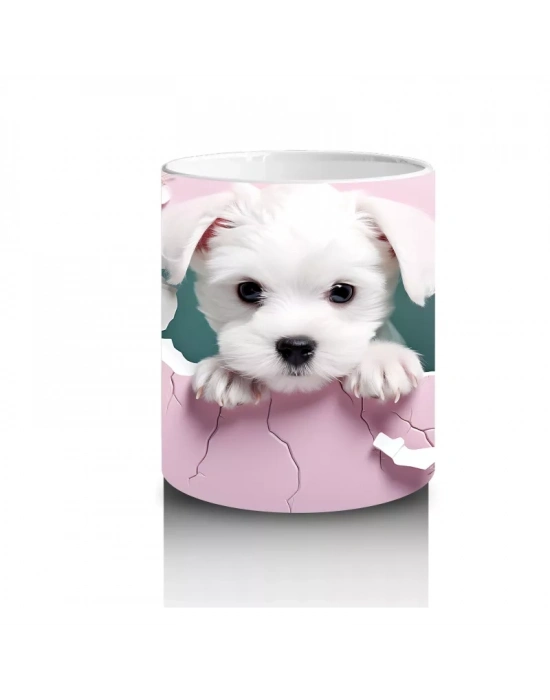 Pembe Çiçeklerle Süslenmiş Yavru Köpek – Baskılı Kahve Kupası