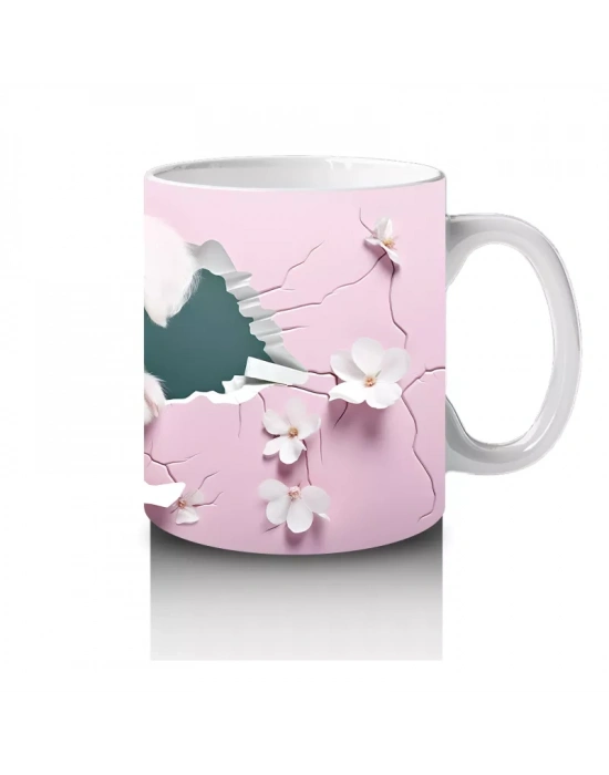 Pembe Çiçeklerle Süslenmiş Yavru Köpek – Baskılı Kahve Kupası