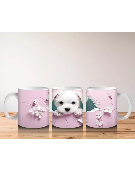 Pembe Çiçeklerle Süslenmiş Yavru Köpek – Baskılı Kahve Kupası