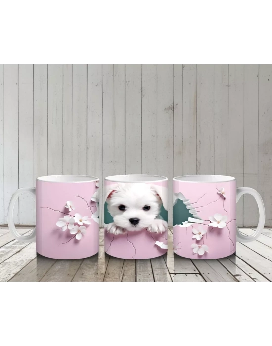 Pembe Çiçeklerle Süslenmiş Yavru Köpek – Baskılı Kahve Kupası