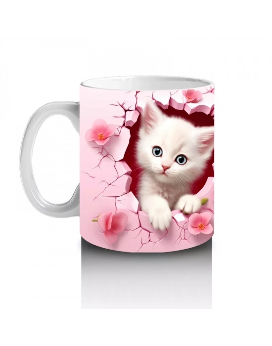 Pembe Çiçekli Arka Planda Sevimli Kedi Çifti - Baskılı Kahve Kupası