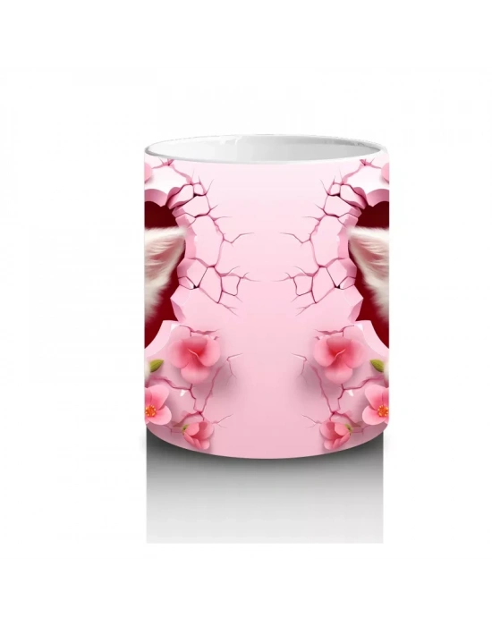 Pembe Çiçekli Arka Planda Sevimli Kedi Çifti - Baskılı Kahve Kupası