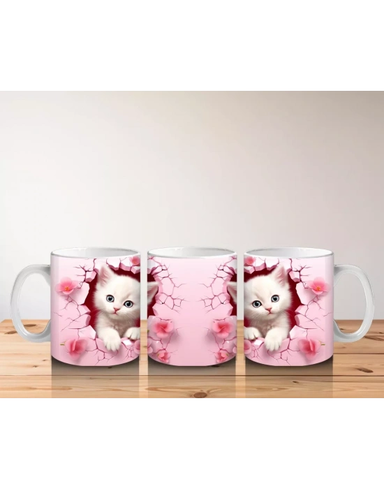 Pembe Çiçekli Arka Planda Sevimli Kedi Çifti - Baskılı Kahve Kupası