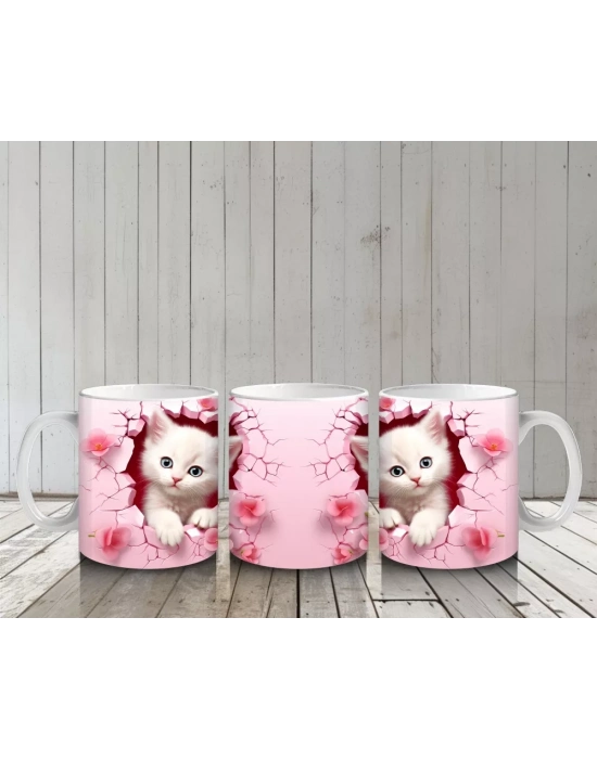 Pembe Çiçekli Arka Planda Sevimli Kedi Çifti - Baskılı Kahve Kupası