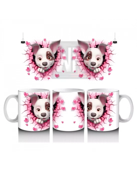 Pembe Çiçekli Çatlak Zeminden Bakan Sevimli Köpek - Baskılı kahve kupası