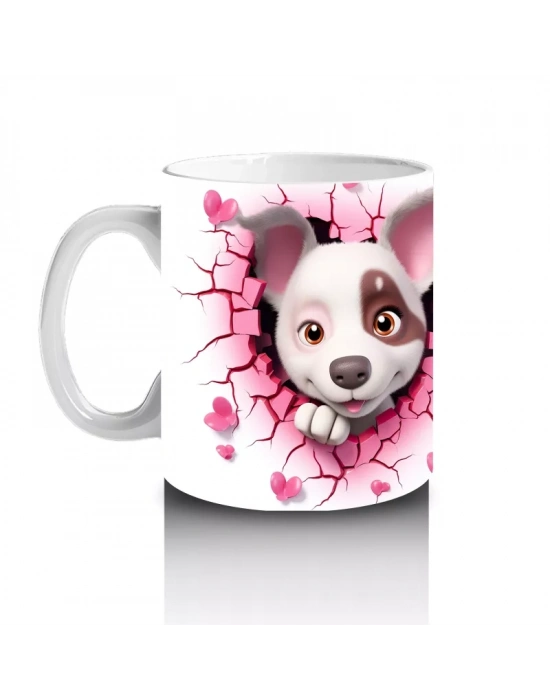 Pembe Çiçekli Çatlak Zeminden Bakan Sevimli Köpek - Baskılı kahve kupası