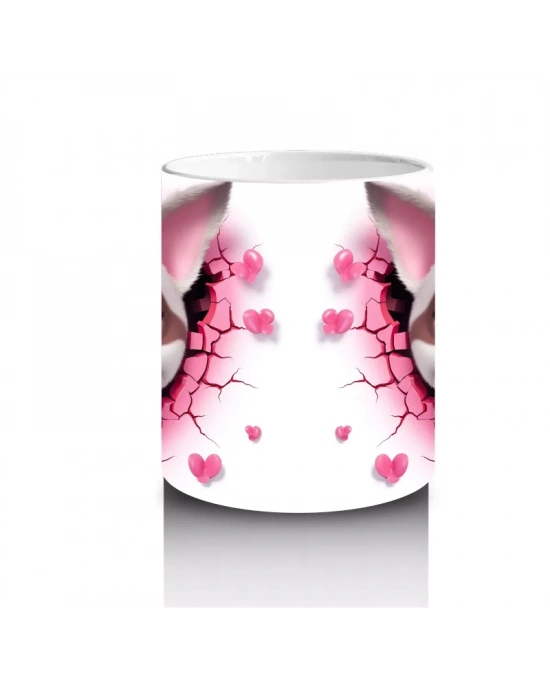 Pembe Çiçekli Çatlak Zeminden Bakan Sevimli Köpek - Baskılı kahve kupası