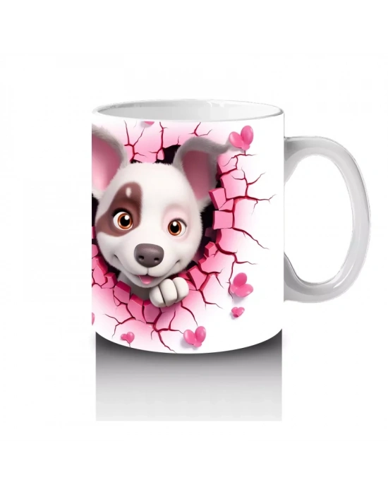 Pembe Çiçekli Çatlak Zeminden Bakan Sevimli Köpek - Baskılı kahve kupası