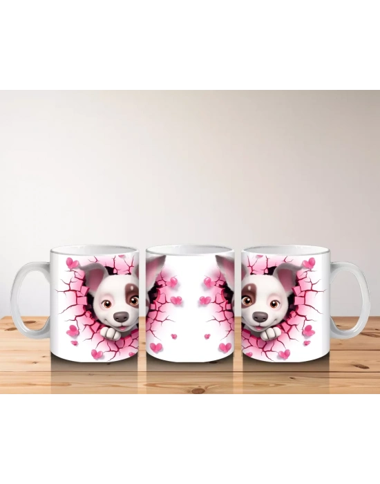 Pembe Çiçekli Çatlak Zeminden Bakan Sevimli Köpek - Baskılı kahve kupası