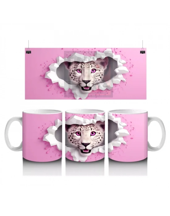 Pembe Çiçekli Çatlakta Bakan Beyaz Kaplan – Baskılı Kahve Kupası