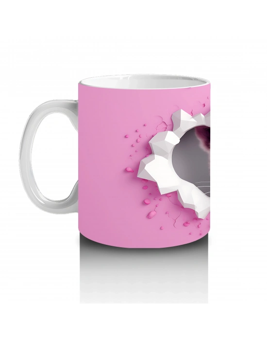 Pembe Çiçekli Çatlakta Bakan Beyaz Kaplan – Baskılı Kahve Kupası