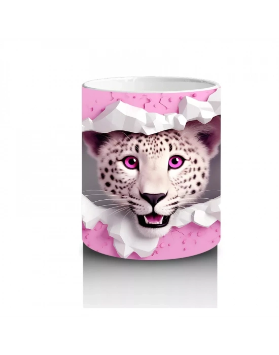 Pembe Çiçekli Çatlakta Bakan Beyaz Kaplan – Baskılı Kahve Kupası