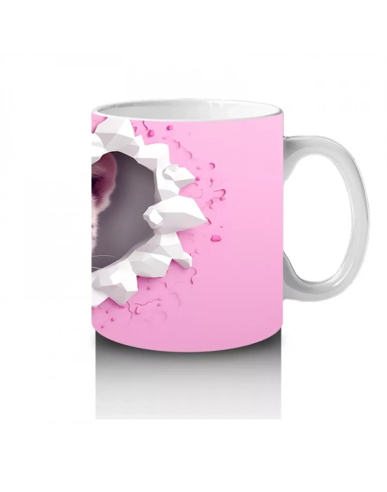 Pembe Çiçekli Çatlakta Bakan Beyaz Kaplan – Baskılı Kahve Kupası
