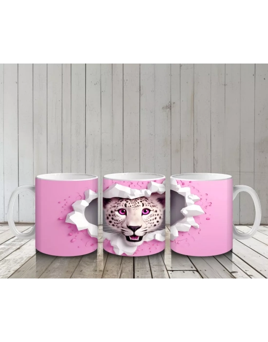 Pembe Çiçekli Çatlakta Bakan Beyaz Kaplan – Baskılı Kahve Kupası