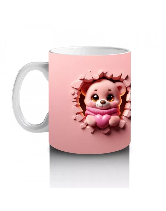 Pembe Çiçekli Çatlakta Sevimli Ayıcık ve Arka Yüzü – Baskılı Kahve Kupası