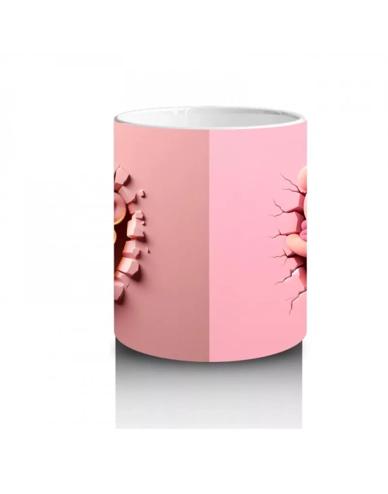 Pembe Çiçekli Çatlakta Sevimli Ayıcık ve Arka Yüzü – Baskılı Kahve Kupası