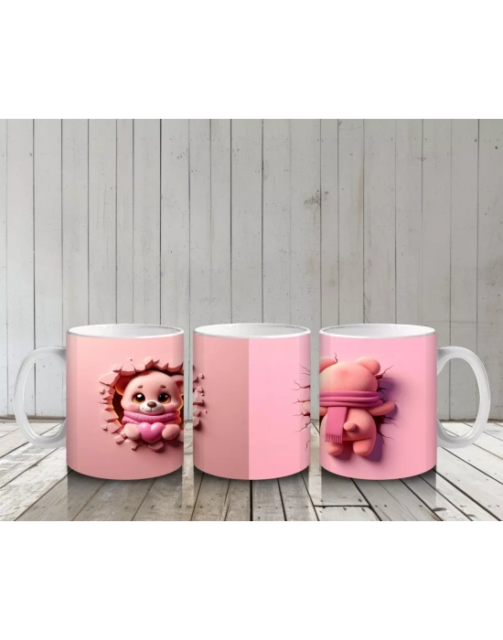 Pembe Çiçekli Çatlakta Sevimli Ayıcık ve Arka Yüzü – Baskılı Kahve Kupası
