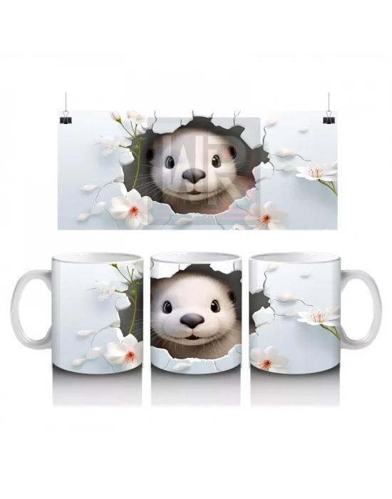 Pembe Çiçekli Fon Üzerinde Su Samuru – Baskılı Kahve Kupası