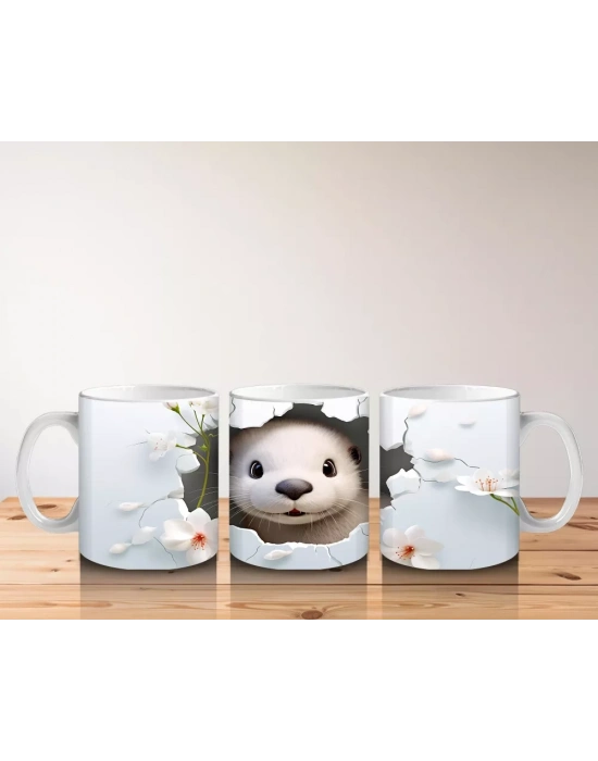 Pembe Çiçekli Fon Üzerinde Su Samuru – Baskılı Kahve Kupası