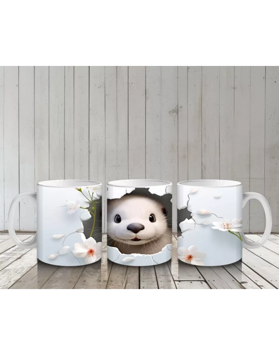 Pembe Çiçekli Fon Üzerinde Su Samuru – Baskılı Kahve Kupası