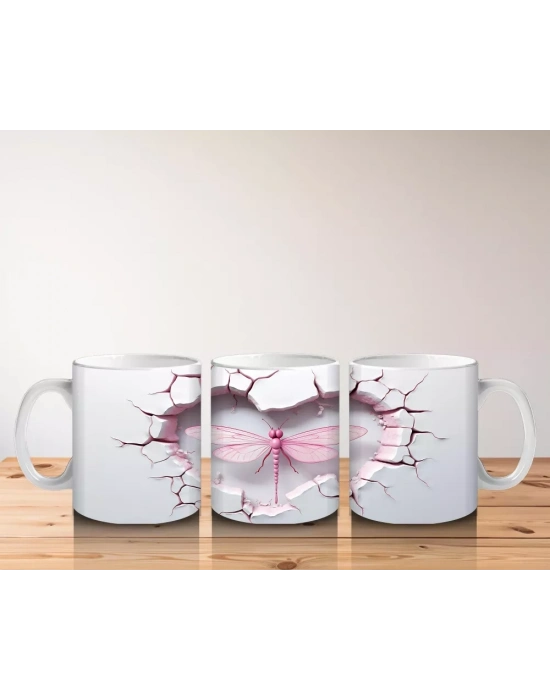 Pembe Damarlı Kalp Desenli Çift Yusufçuk – Baskılı Kahve Kupası