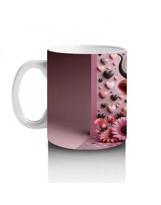 Pembe Desenli Arka Planda Tatlı Boğa - Baskılı Kahve Kupası