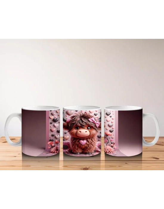 Pembe Desenli Arka Planda Tatlı Boğa - Baskılı Kahve Kupası