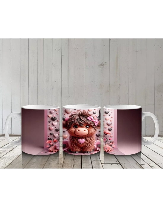 Pembe Desenli Arka Planda Tatlı Boğa - Baskılı Kahve Kupası