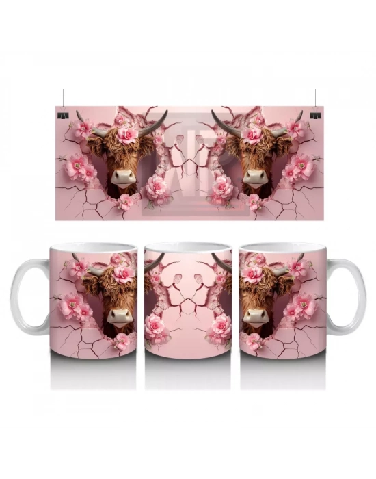 Pembe Desenli Kurdeleli Boğa Figürleri - Baskılı Kahve Kupası