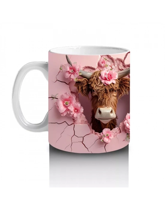 Pembe Desenli Kurdeleli Boğa Figürleri - Baskılı Kahve Kupası