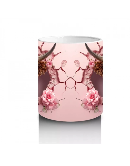 Pembe Desenli Kurdeleli Boğa Figürleri - Baskılı Kahve Kupası
