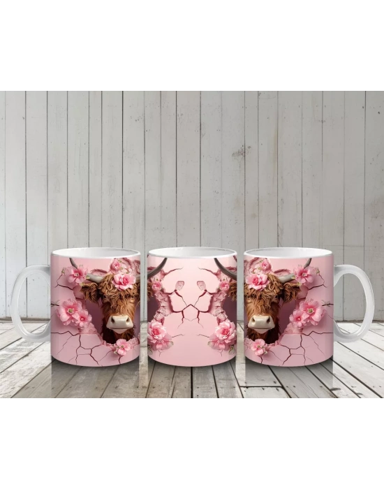 Pembe Desenli Kurdeleli Boğa Figürleri - Baskılı Kahve Kupası