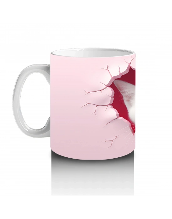 Pembe Duvar Çatlağından Bakan Sevimli Beyaz Kedi Kupa