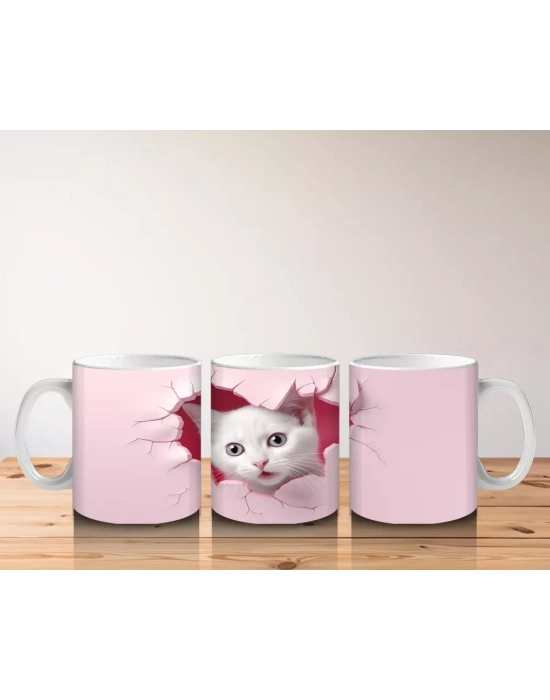 Pembe Duvar Çatlağından Bakan Sevimli Beyaz Kedi Kupa