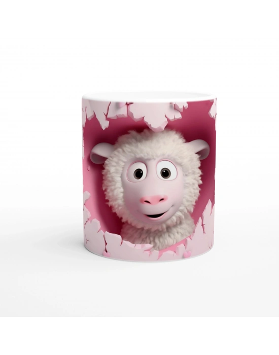 Pembe Duvar Çatlaktan Bakan Karikatürik Kuzu Temalı Baskılı Kupa Bardak