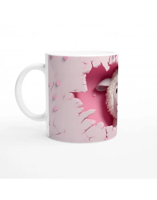 Pembe Duvar Çatlaktan Bakan Karikatürik Kuzu Temalı Baskılı Kupa Bardak