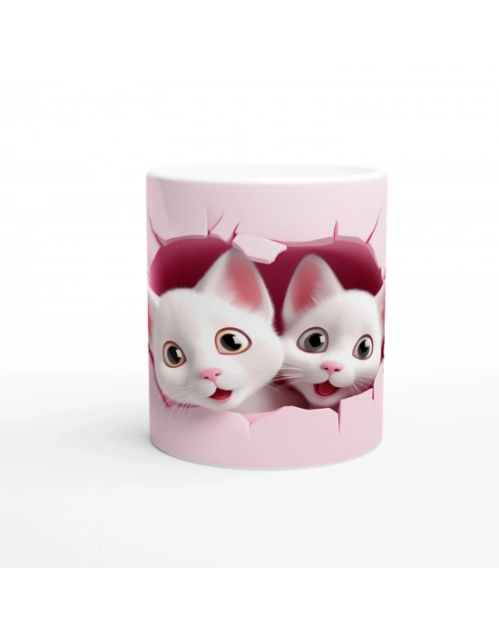 Pembe Duvar Kırığından Bakan İkiz Yavru Kediler Baskılı Kupa Bardak