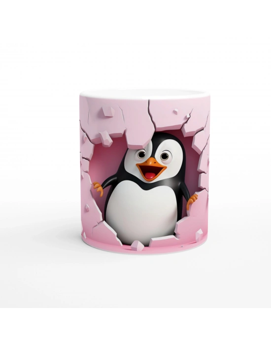 Pembe Duvarı Delen Neşeli Penguen Temalı Baskılı Kupa Bardak