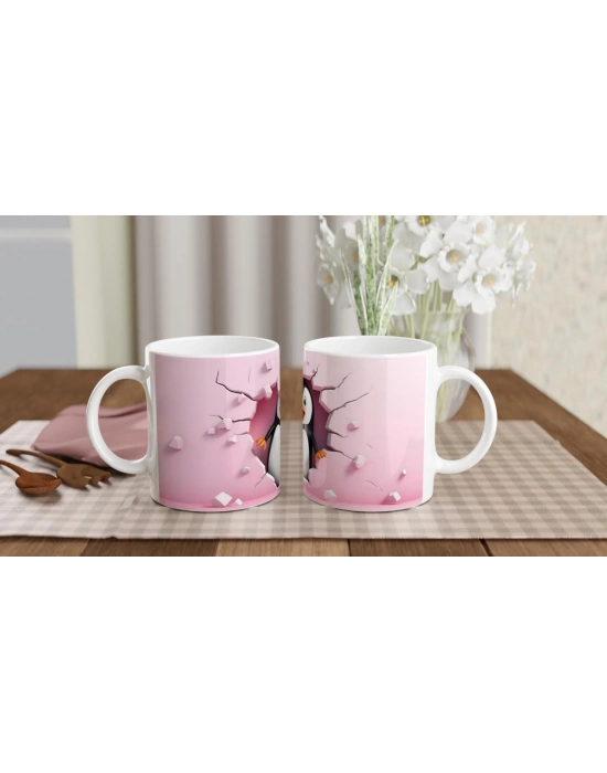 Pembe Duvarı Delen Neşeli Penguen Temalı Baskılı Kupa Bardak