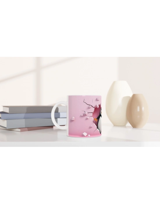 Pembe Duvarı Delen Neşeli Penguen Temalı Baskılı Kupa Bardak