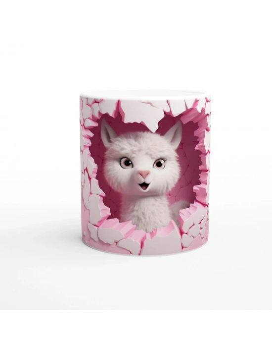 Pembe Duvarı Yırtan Sevimli Lama Temalı Baskılı Kupa Bardak