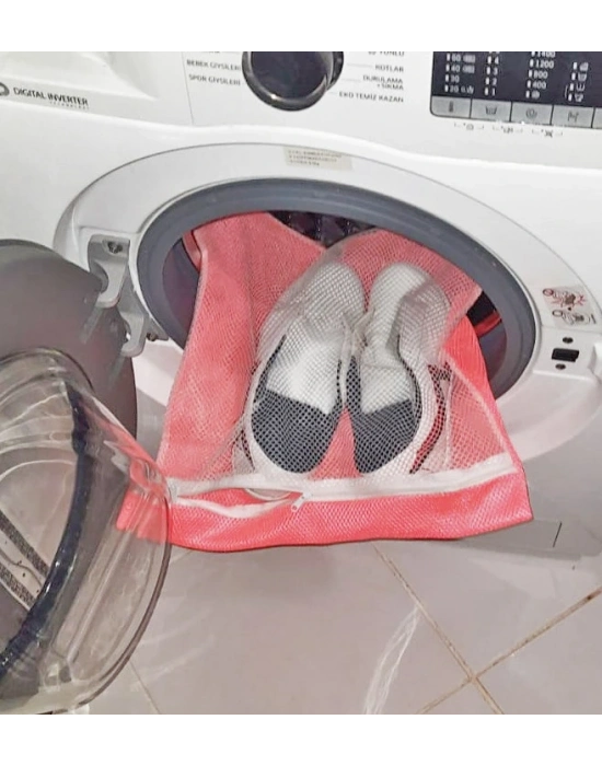 Pembe Fermuarlı - Hassas Çamaşır Terlik  Ayakkabı Yıkama Filesi Büyük Boy