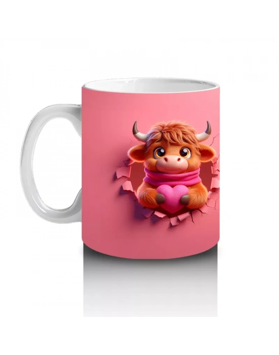 Pembe Fon Üzerinde Kurdeleli Maskot Buzağı – Baskılı Kahve Kupası