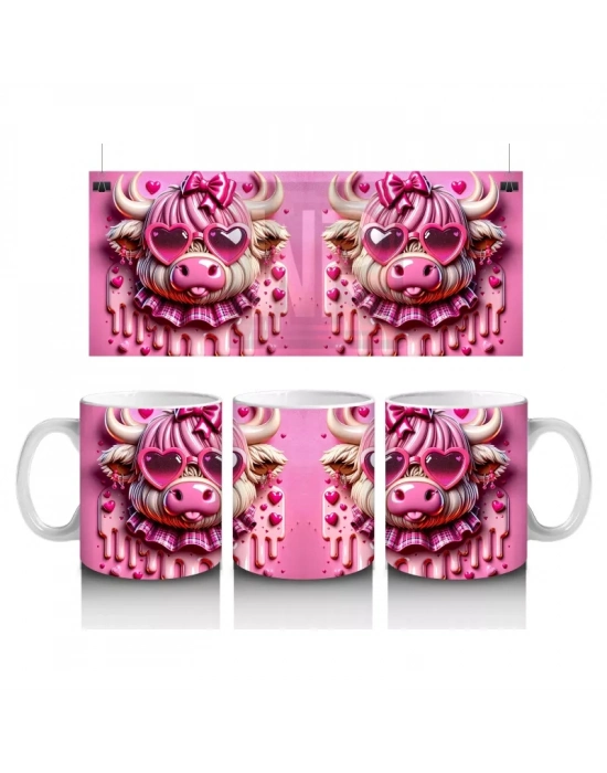 Pembe Fon Üzerinde Kurdeleli Sevimli Buzağı – Baskılı Kahve Kupası