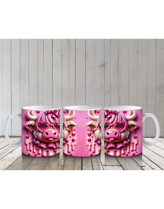 Pembe Fon Üzerinde Kurdeleli Sevimli Buzağı – Baskılı Kahve Kupası