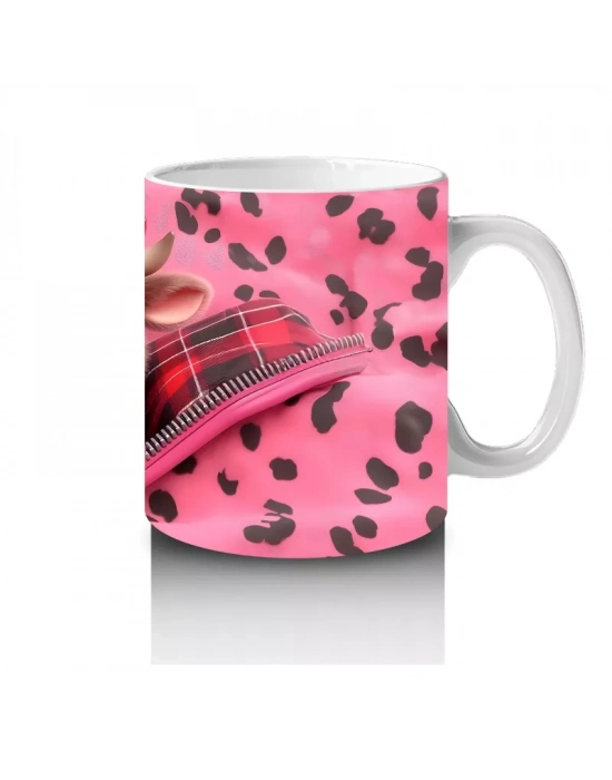 Pembe Fon Üzerinde Şapkalı Sevimli Maskot Kız – Baskılı Kupa Bardak