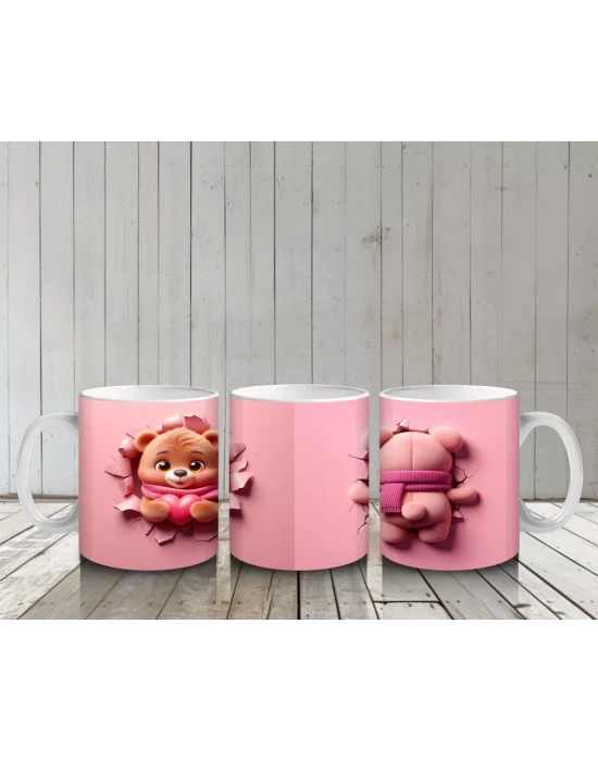 Pembe Fon Üzerinde Sevimli Ayıcık Yüzü – Baskılı Kahve Kupası